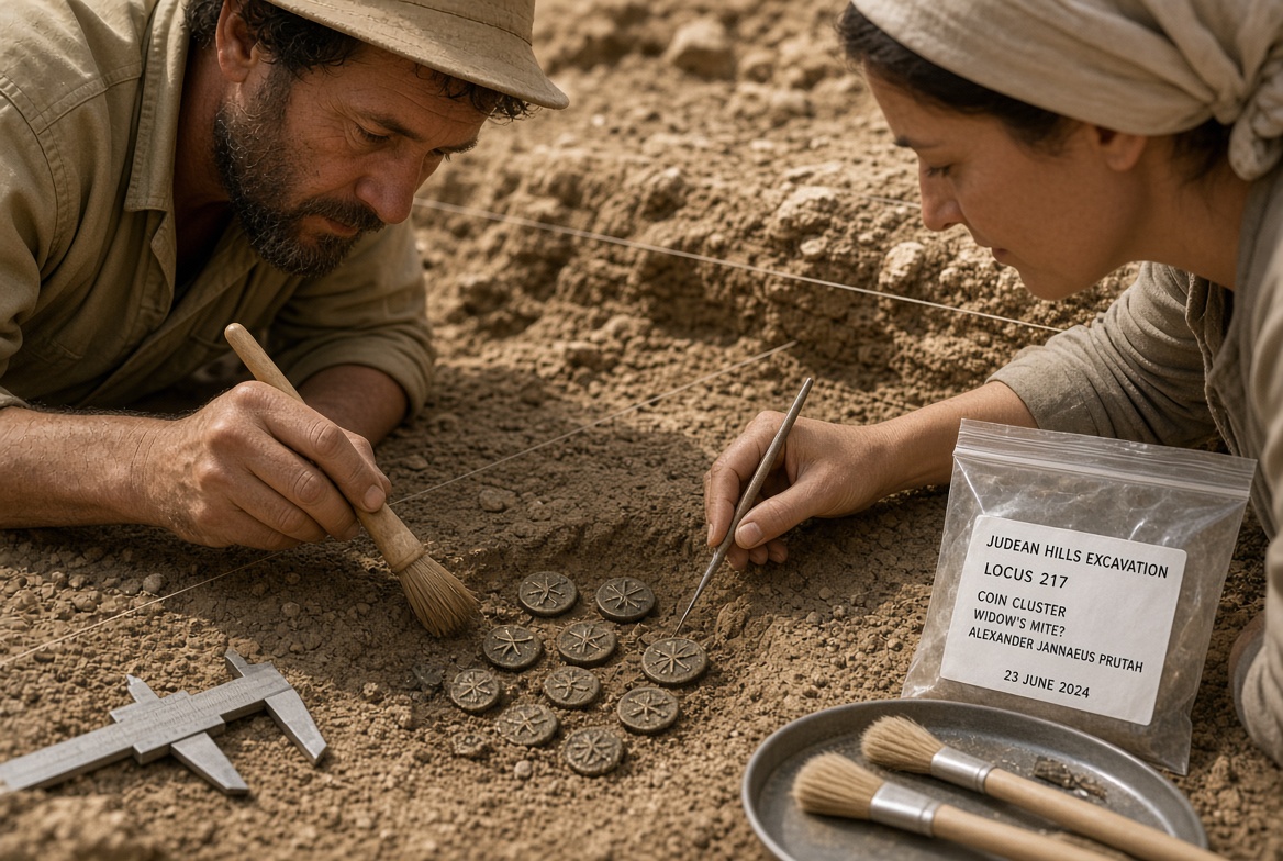 Close-up historical display of coins and maps